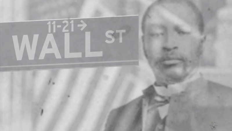 A historic black-and-white photo of Jeremiah Hamilton with a Wall Street street sign in the background, representing "Wall Street’s Dark Prince"